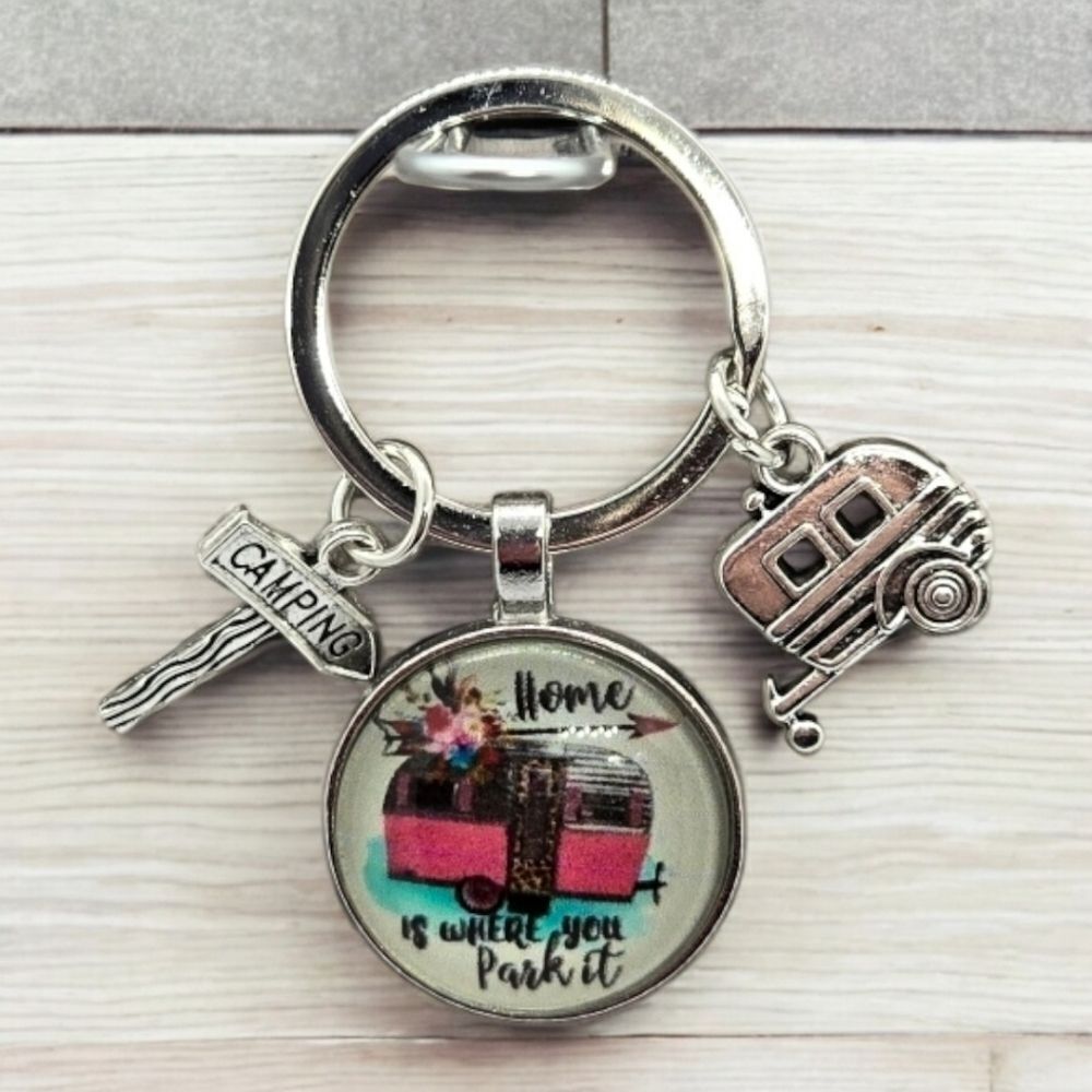 Retro Camper Keychain Home Is Where You Park It RV Glamping Bag Charm Key Ring